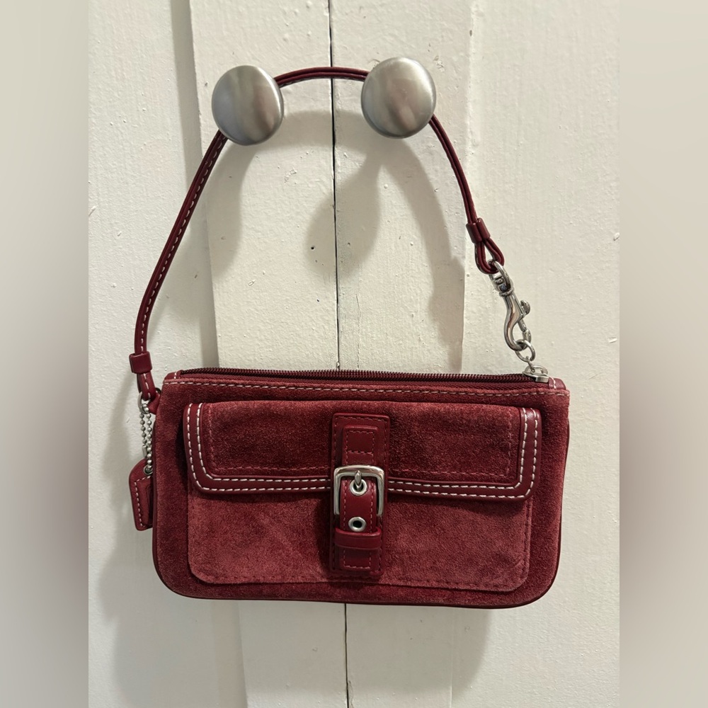 Coach Red/Burgundy Suede Leather Wristlet Bag